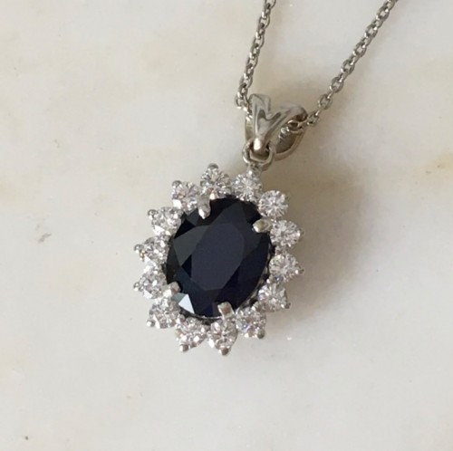 White gold necklace with sapphire and diamonds - Antique Jewellery Style 