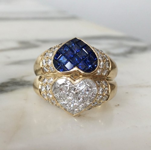 "toi &amp; Moi" ring in yellow gold with sapphires and diamonds - Antique Jewellery Style 