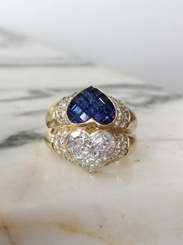 Antique Jewellery  - "toi &amp; Moi" ring in yellow gold with sapphires and diamonds