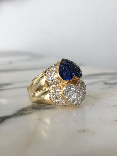 Antiquités - "toi &amp; Moi" ring in yellow gold with sapphires and diamonds