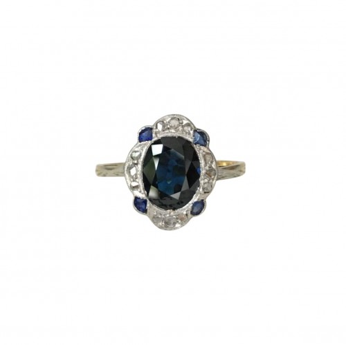 Bague Art-Déco en or jaune 18K et platine saphir et diamants