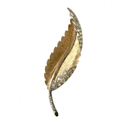 Broche plume en or jaune et blanc et diamants - Charles Verhaest Belgique