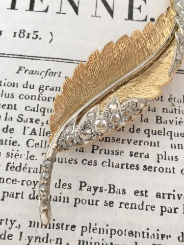 Broche plume en or jaune et blanc et diamants - Charles Verhaest Belgium - 