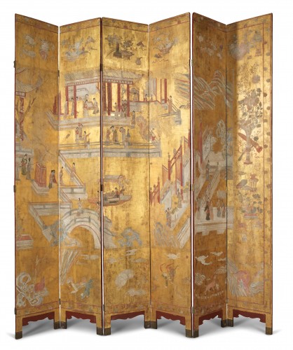 12-leaf screen decorated with palace scenes praising a high dignitary (on the back)