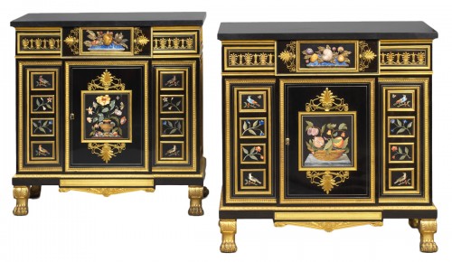 Exceptional pair of cabinets inlaid with hard stone plaques