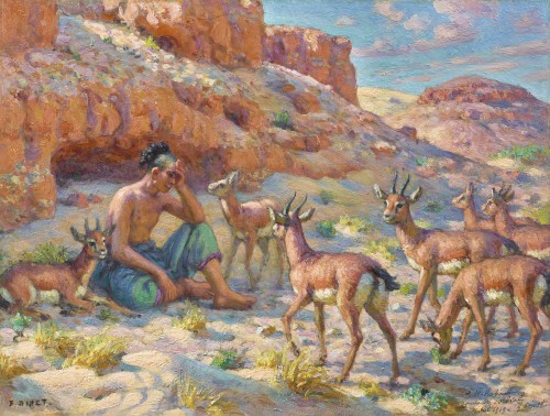 Shepherd and gazelles in the shade of the rocks - Etienne Alphonse Dinet (1861-1929) - Art nouveau