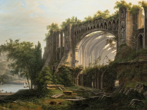 Animated landscape around a Cathedral ruin, Fleury Epinat (1764-1830) - Paintings & Drawings Style 