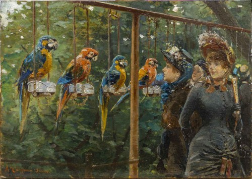 Alceste Campriani (1848 - 1933), The Visit of the elegant Ladies to the parrots