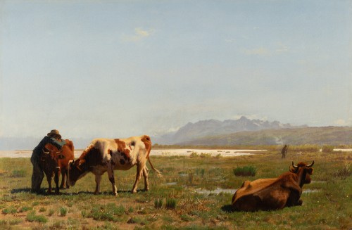Albert Lugardon (1827-1909) - Cattle in a meadow by a lake - 