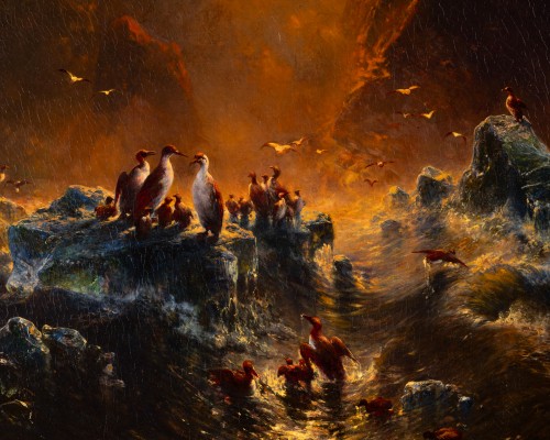 Tableaux et dessins Tableaux XIXe siècle - Eduard Hildebrandt (1818–1868) Cormorans au coucher du soleil sur l’Arctique