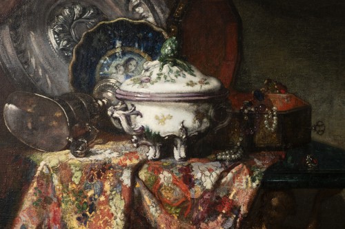 Charles MONGINOT (1825- 1900) - Nature morte au tapis sur une console - Tableaux et dessins Style 