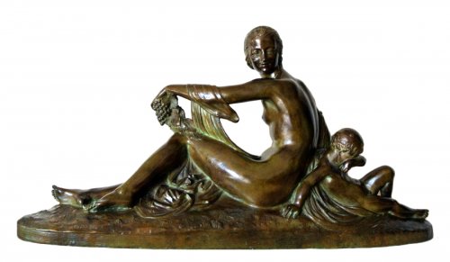 Venus et Cupidon - Groupe en bronze signé Joe Descomps