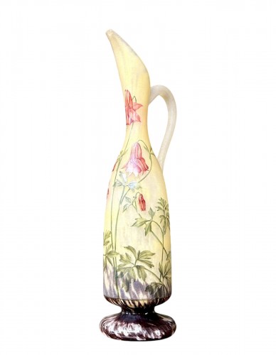 Daum Nancy - Art nouveau Enameled pitcher with columbine flowers
