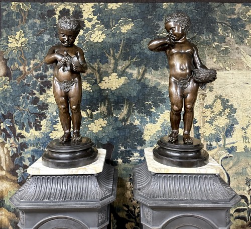 L'enfant à l'oiseau et l'enfant au nid fin XIXe siècle d'après Jean Baptiste Pigalle - Marius Simon Antiquités
