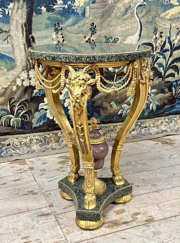 Furniture  - ram pedestal table In gilt bronze, marble and porphyry. Louis XVI style