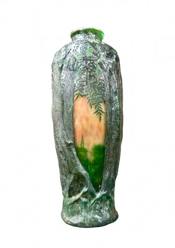 Daum Nancy - Art Nouveau Moulded Blown Vase With Trees In Front Of Landscape