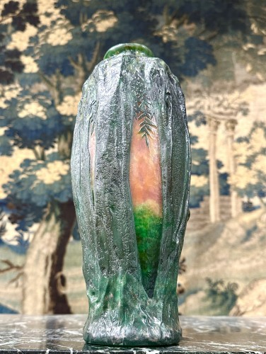 Daum Nancy - Art Nouveau Moulded Blown Vase With Trees In Front Of Landscape - 