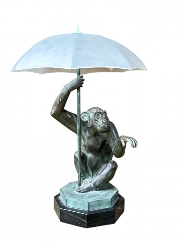 Max Le Verrier (1891-1973) - The Rain, Monkey lamp in green patina