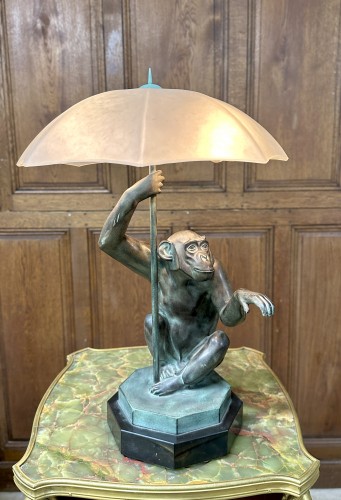 Max Le Verrier (1891-1973) - The Rain, Monkey lamp in green patina - Lighting Style Art Déco