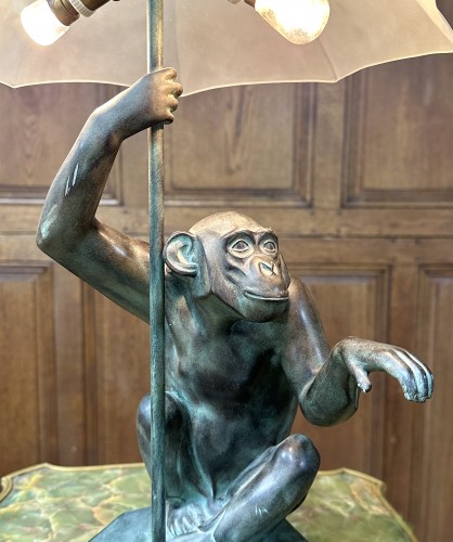 Max Le Verrier (1891-1973) - The Rain, Monkey lamp in green patina - 