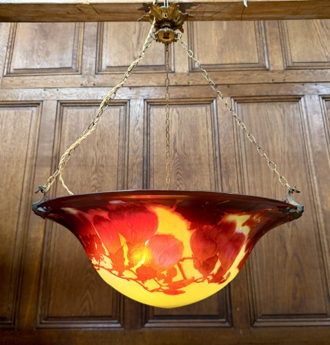 Verrerie, Cristallerie  - Emile Gallé - Grand plafonnier Art nouveau aux magnolias