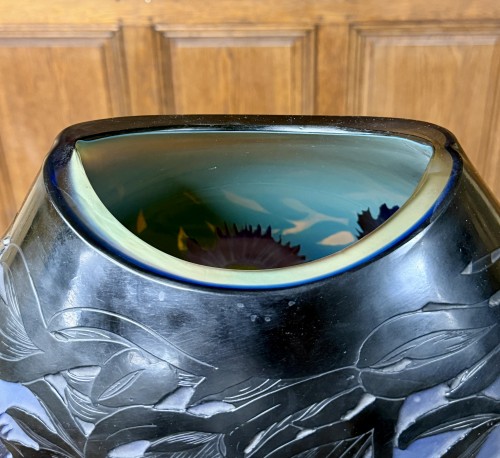 Verrerie, Cristallerie  - Émile Gallé - Important vase aux ficoïdes marins bleus