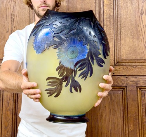 Art nouveau - Émile Gallé - Important vase aux ficoïdes marins bleus