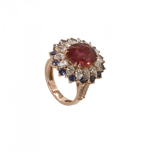 Rose Gold Ring with Rubellite, Diamonds, and Ceylon Sapphires