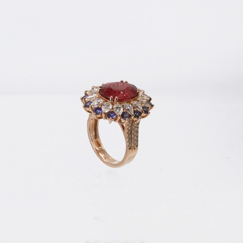 Rose Gold Ring with Rubellite, Diamonds, and Ceylon Sapphires - Antique Jewellery Style 