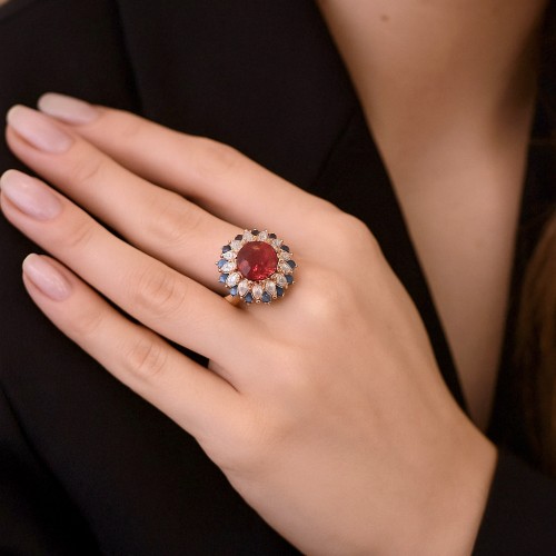 Antique Jewellery  - Rose Gold Ring with Rubellite, Diamonds, and Ceylon Sapphires
