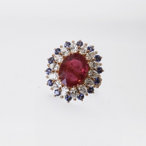 Rose Gold Ring with Rubellite, Diamonds, and Ceylon Sapphires - 