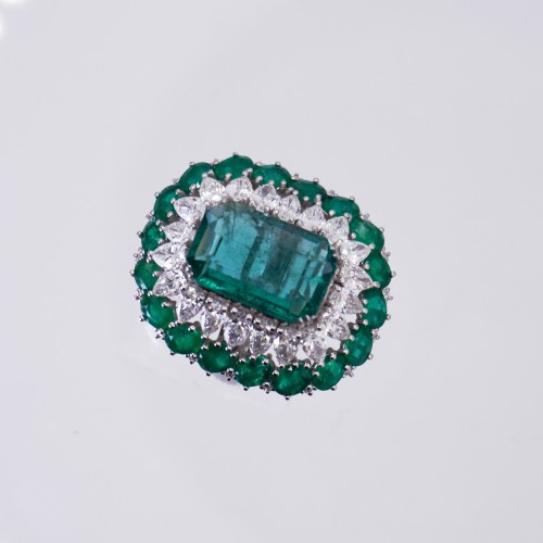 White Gold Ring with Emeralds and Diamonds - Antique Jewellery Style 