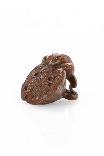 A Japanese boxwood netsuke of a toad on a lotus flower with a spider