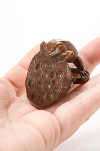 A Japanese boxwood netsuke of a toad on a lotus flower with a spider - 