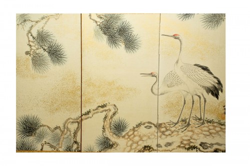 Byobu With Manchurian Cranes On A Pine Tree Matsu