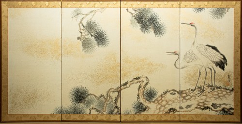 Byobu avec grues à couronne rouge, sur un tronc de pin Matsu - Arts d