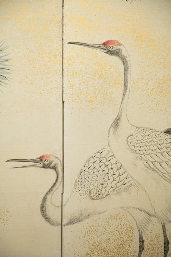 Byobu avec grues à couronne rouge, sur un tronc de pin Matsu - Mastromauro Japanese Art
