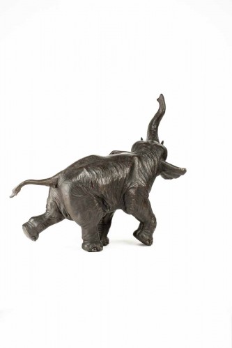 Asian Works of Art  - Large bronze okimono with dark patina depicting a running elephant 