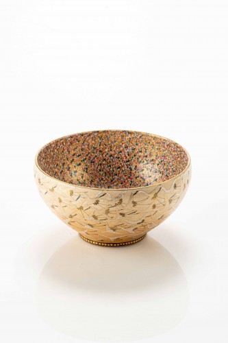 Asian Works of Art  - Japanese Satsuma Ceramic Bowl Adorned With Relief Glazes And Gold Details 