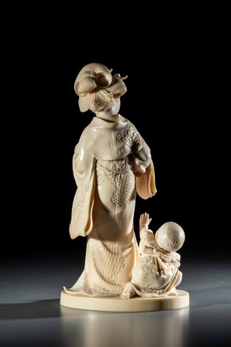Asian Works of Art  - Ivory Okimono From The Tokyo School Depicting A Mother With A Child