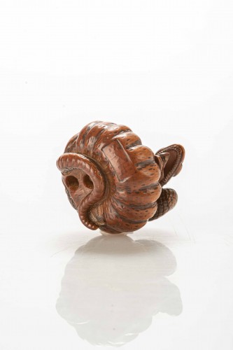 A Boxwood Netsuke Depicting A Snake Wrapping Around A Pumpkin - 