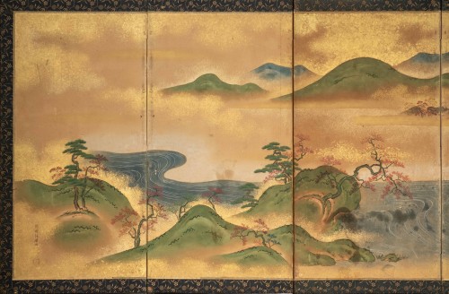 A folding screen depicting a hilly landscape with a watercourse - Asian Works of Art Style 