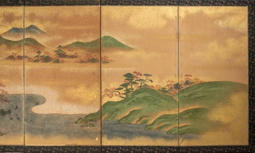A folding screen depicting a hilly landscape with a watercourse - 