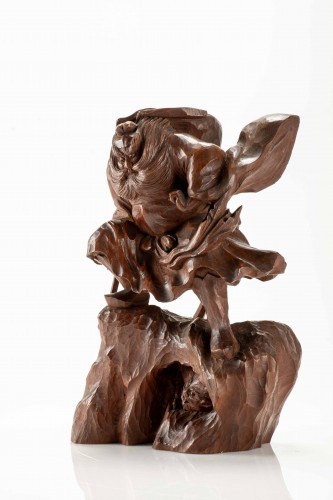 A Boxwood Okimono Depicting Shoki Attempting To Surprise An Oni - Asian Works of Art Style 