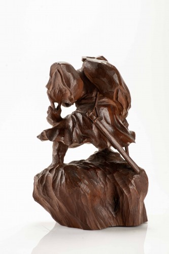 19th century - A Boxwood Okimono Depicting Shoki Attempting To Surprise An Oni
