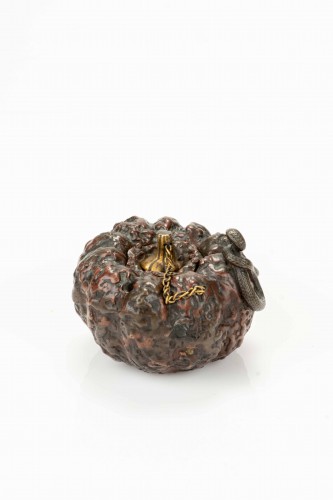 Asian Works of Art  - A Bronze Suiteki In The Shape Of A Gourd With Snake, Signed Masayuki