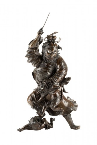 A Bronze Sculpture Depicting Shoki With A Pair Of Oni