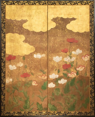 Paravent japonais à deux panneaux sur fond en feuille d’or, École Rinpa