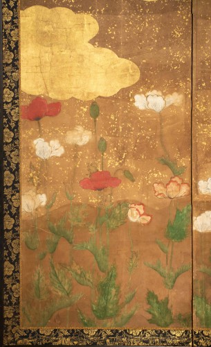 Paravent japonais à deux panneaux sur fond en feuille d’or, École Rinpa - Arts d