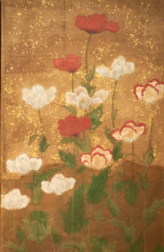 Paravent japonais à deux panneaux sur fond en feuille d’or, École Rinpa - Mastromauro Japanese Art